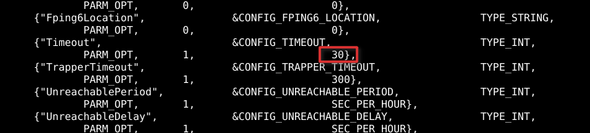 Picture showing where to change Zabbix timeout  value in server.c file