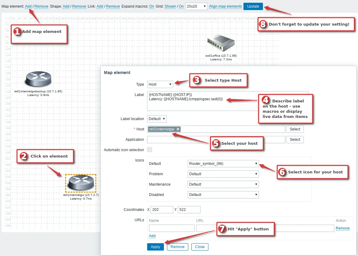 Picture showing how to add hosts on the Zabbix network map