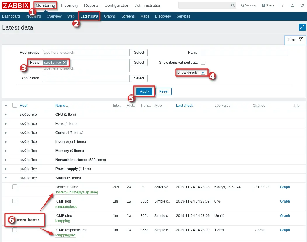 Picture showing how to find out item key names in Zabbix using latest data option