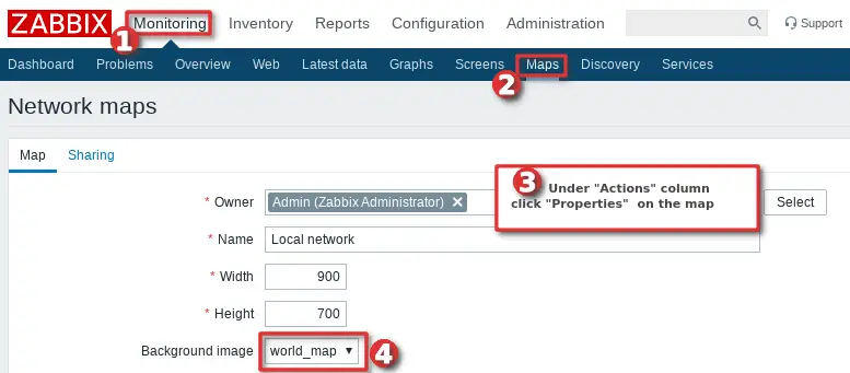 Picture showing how to set custom background image on Zabbix map