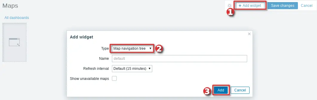 Picture showing how to configure a Zabbix map navigation tree widget - Step 2