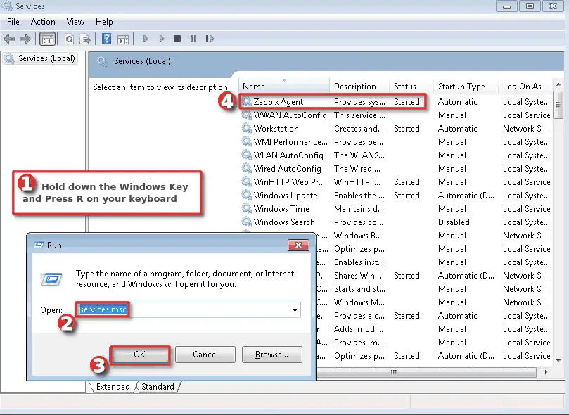 Picture showing how to check Zabbix agent service on Windows