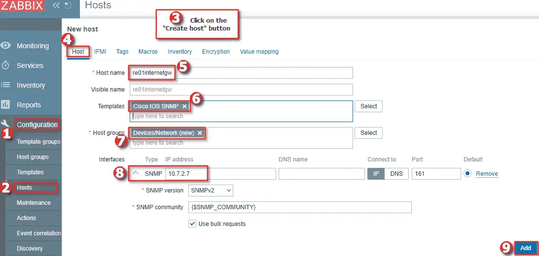 Picture showing how to add Cisco Switch or Router to Zabbix monitoring system