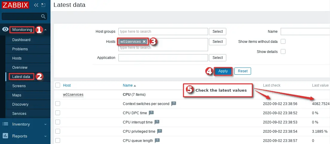 How to check the latest data collected on the Zabbix host
