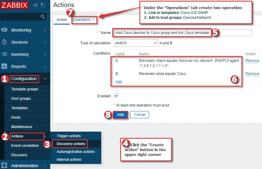 Picture showing how to create discovery actions in Zabbix
