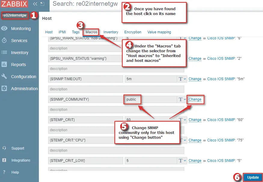 Picture showing how to change the SNMP community string only for one host