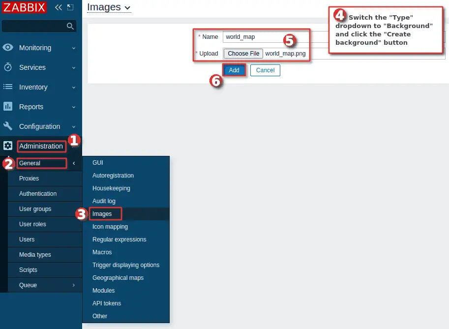 Picture showing how to add custom background image on Zabbix for use on maps