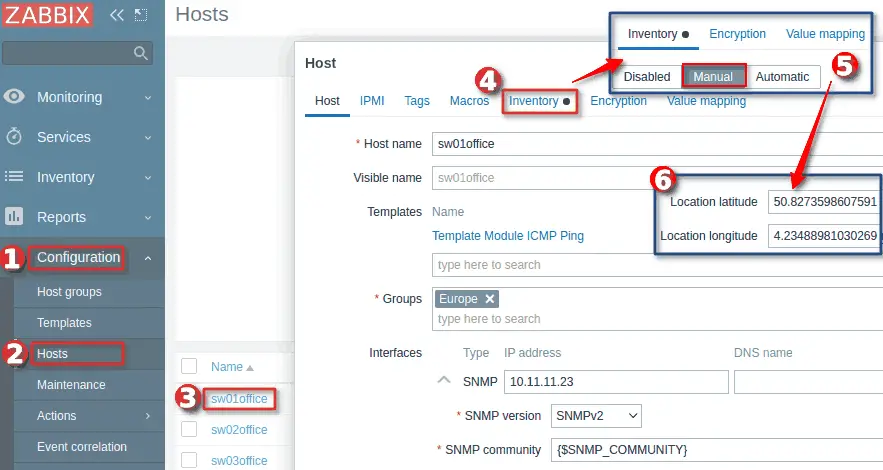How to set latitude and longitude inventory fields on a host in Zabbix