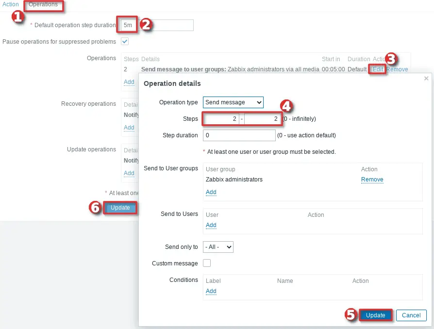 Picture showing how to configure delayed notification on Zabbix