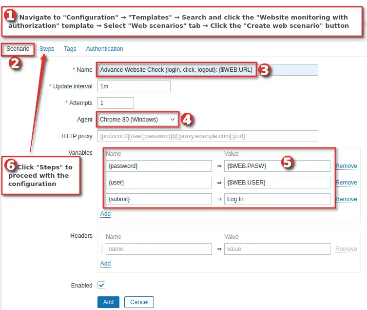 Create a Zabbix template for website monitoring with authorization (WordPress example) 