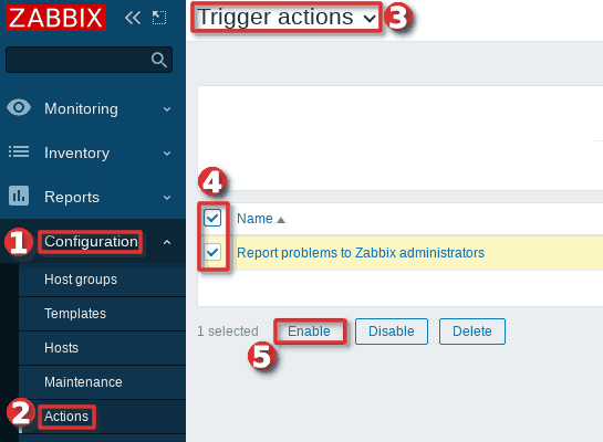 Enabling default trigger actions for Zabbix Admin user
