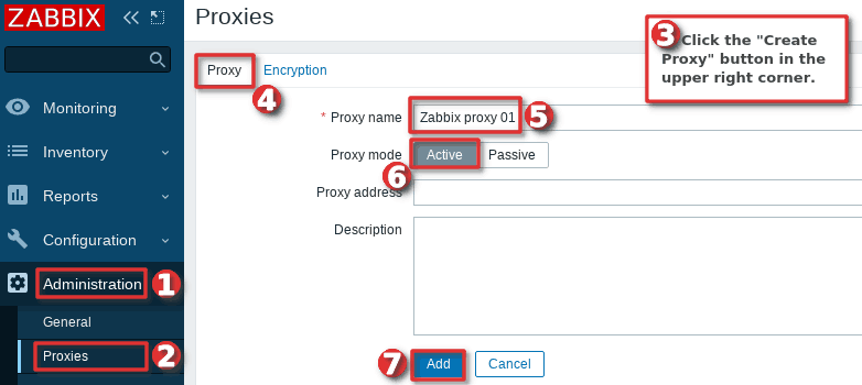 Picture showing how to register an active Zabbix Proxy in Zabbix frontend