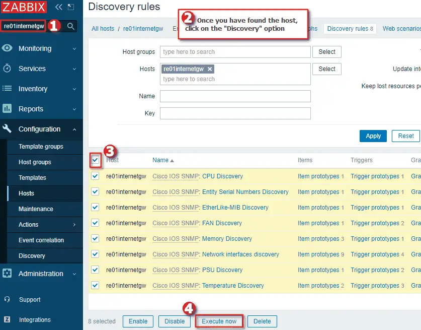 Picture showing how to instantly check all the LLD discoverys on a Zabbix host