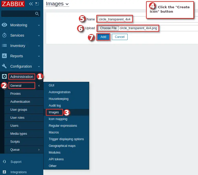 Picture showing how to upload a custom icon to Zabbix